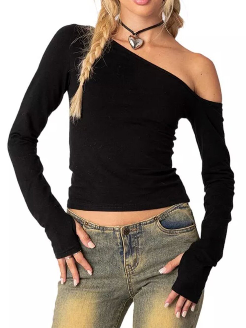 Edikted Swan Asymmetric Top Black Long Sleeve Size S